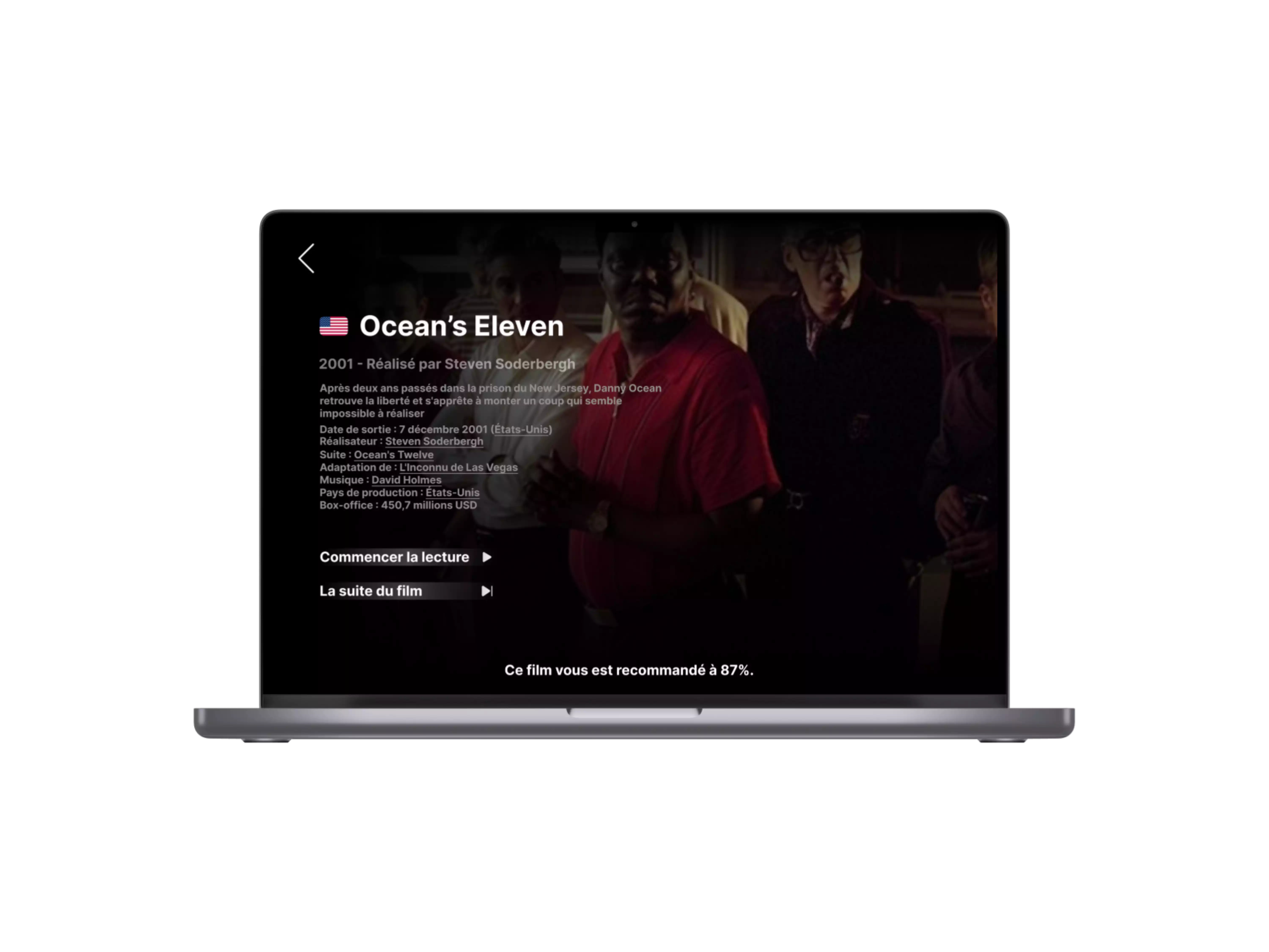 Interface de la plateforme de streaming CinemAI avec un film